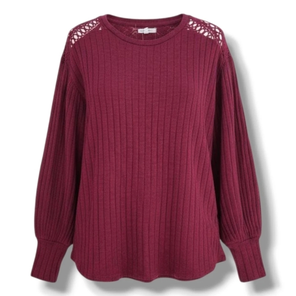 Maurices Crochet-Shoulder Ribbed Pullover Sweater - Burgundy